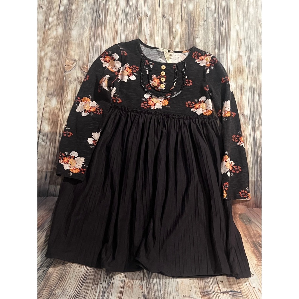 Matilda Jane Dress Girls Size 10 Black Floral Long Sleeve Ruffle Excellent Boho